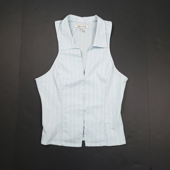 UO Party Girl Cotton-Blend Button Down Sleeveless Shirt Women Medium Blue Stripe - Picture 16 of 16